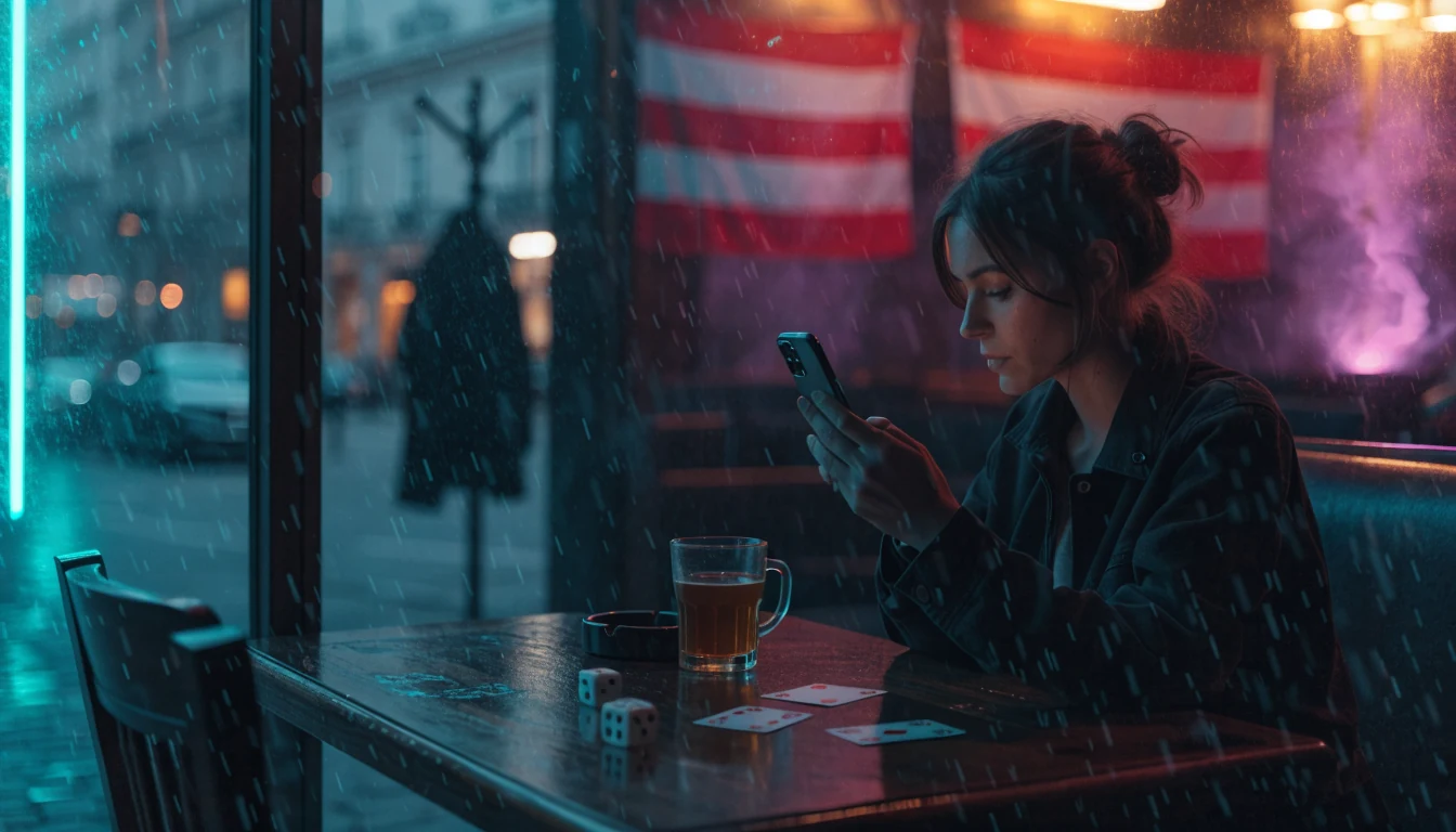 Junge Frau in Wiener Café mit Smartphone und Casinodekoration