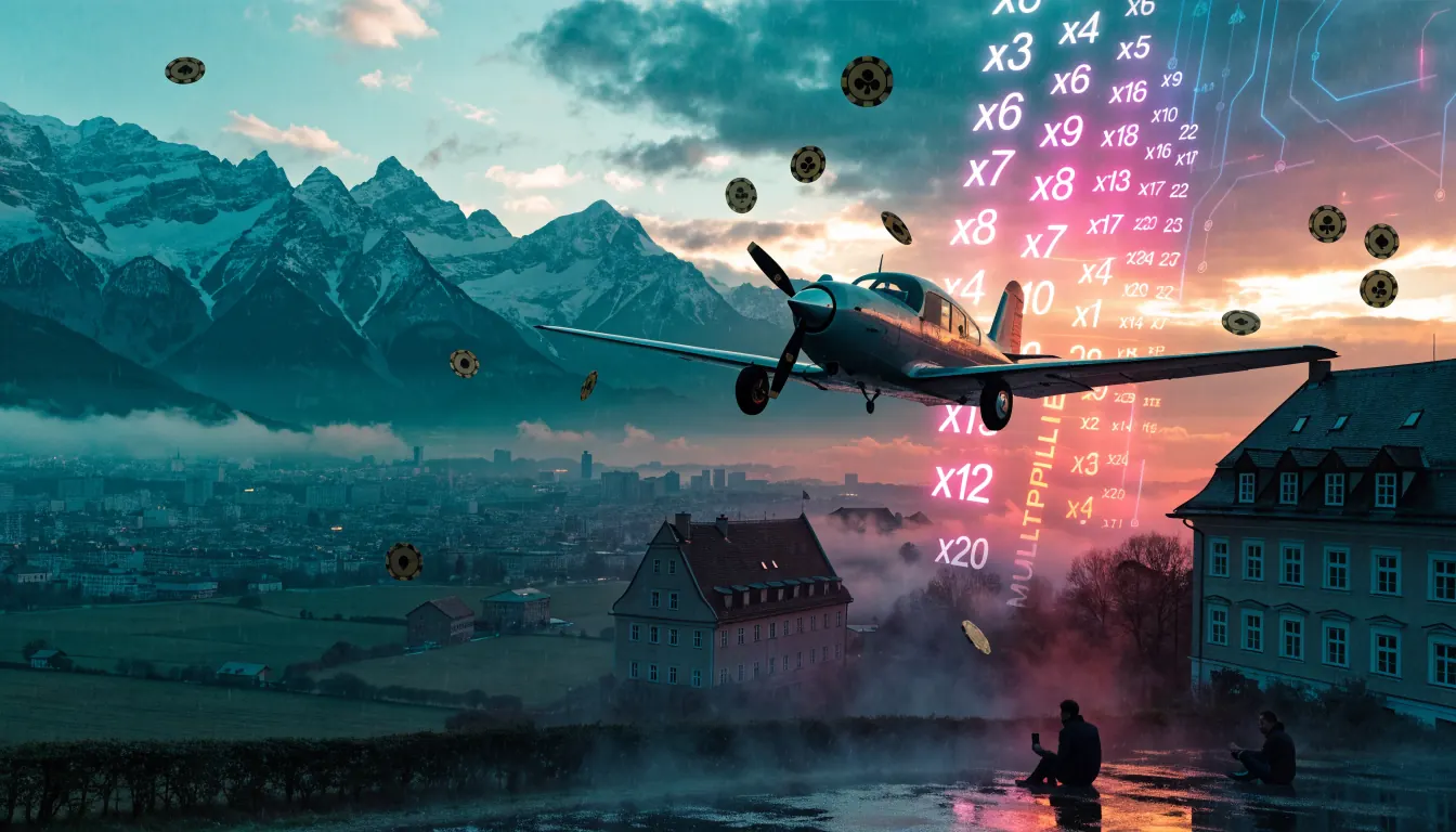 Vintage‑Flugzeug über den österreichischen Alpen mit schwebenden Casino‑Chips