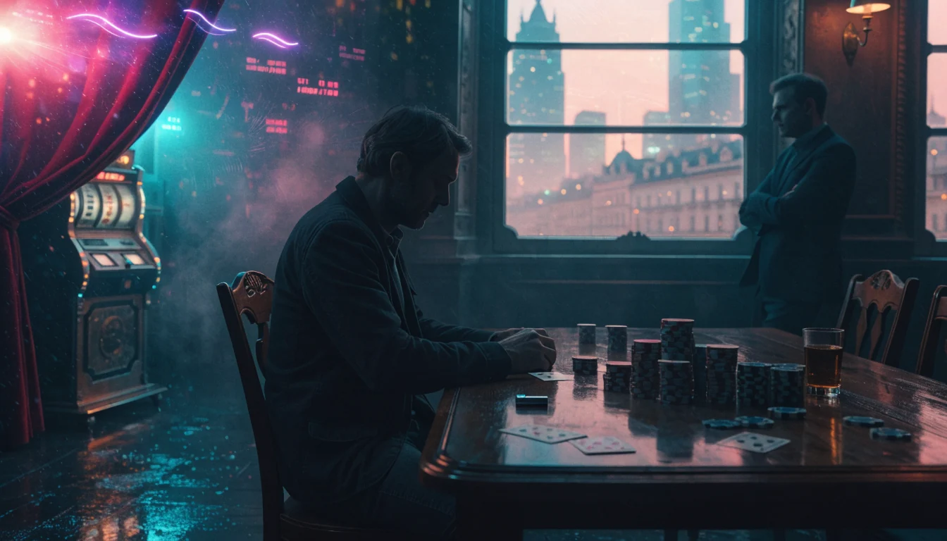 Gemütliche Wiener Bar mit Spielchips und alter Slotmaschine im Hintergrund.