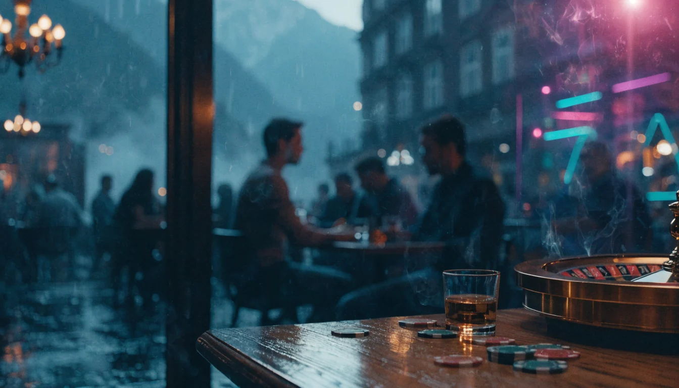 Gemütliches Café‑Interieur mit Roulette und Chips, Alpen im Hintergrund