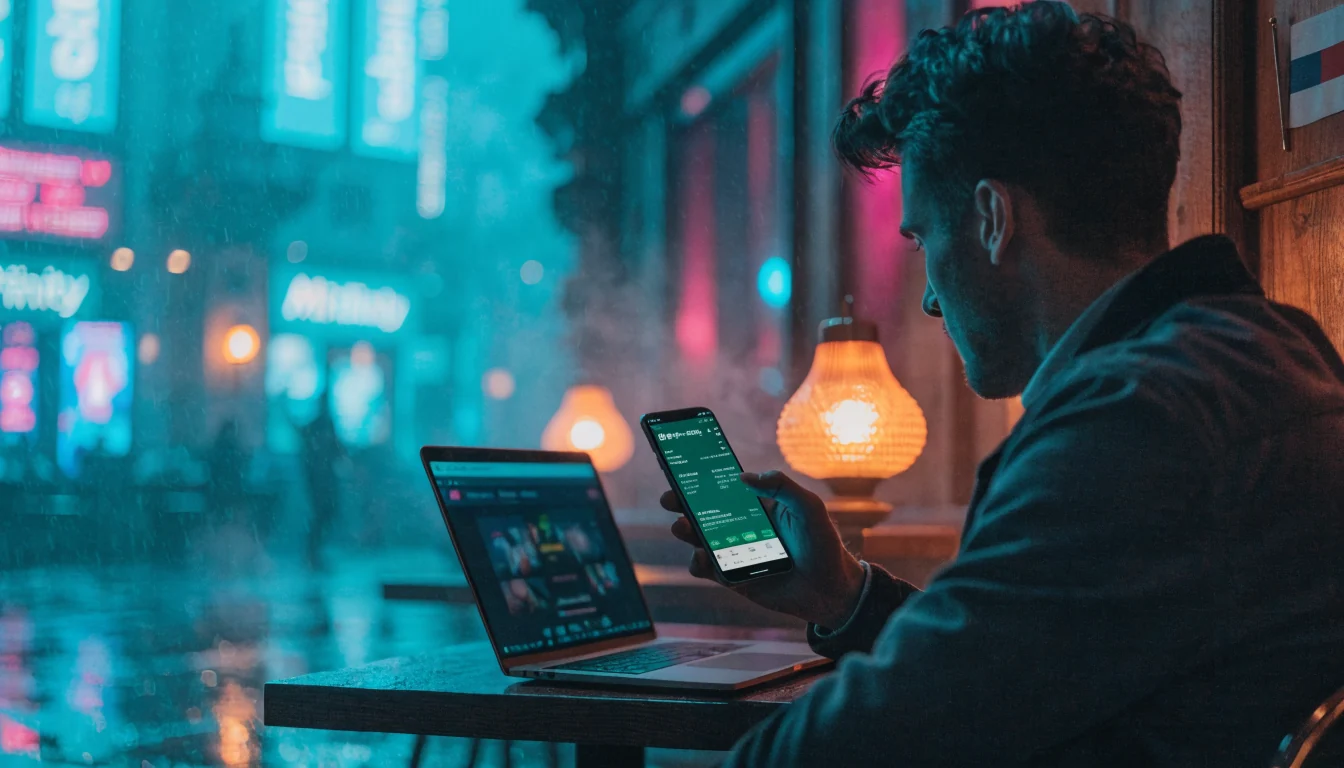 Kunde nutzt MiFinity App auf Smartphone in österreichischem Café