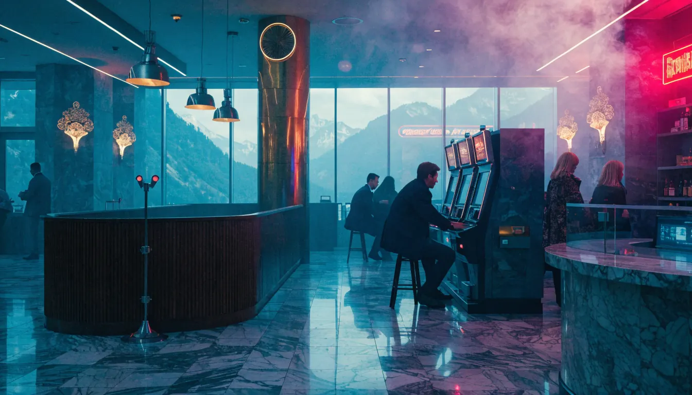 Ein moderner Casinosaal in Wien mit Blick auf die Alpen und Spieltischen.