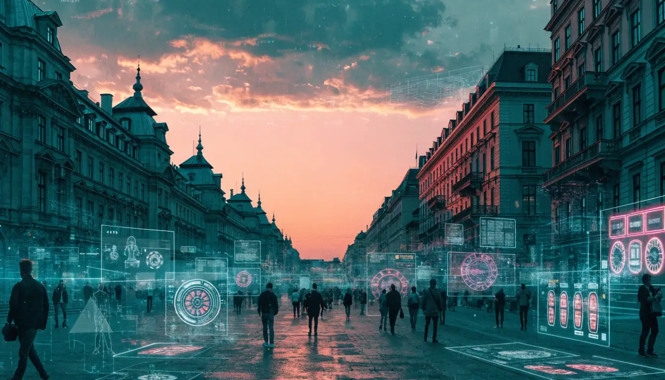 Historischer Platz mit futuristischen Casino‑Symbolen bei Sonnenuntergang.