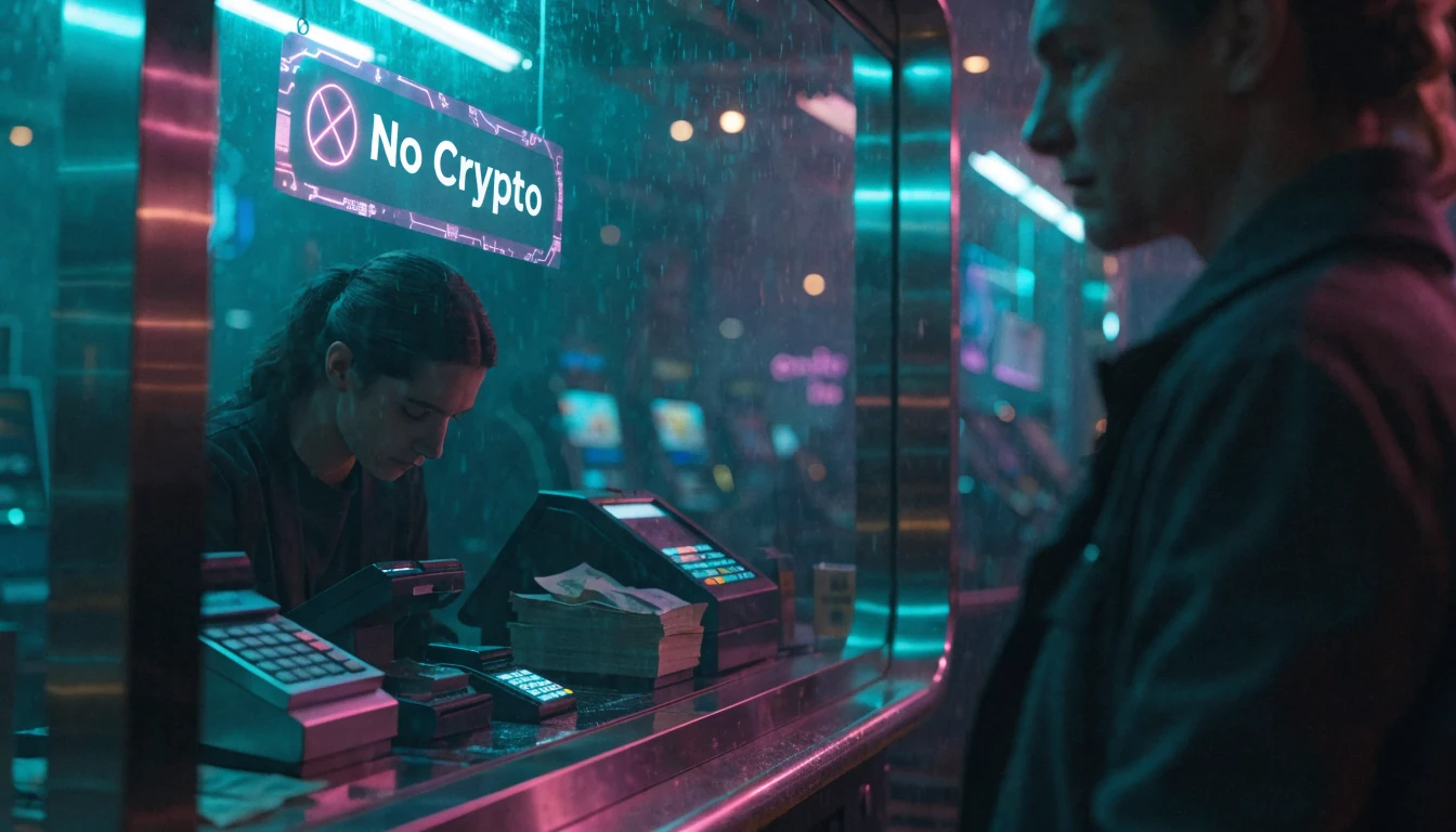 Kassenschalter mit Bargeld, Karte und Hinweis „Kein Krypto“.