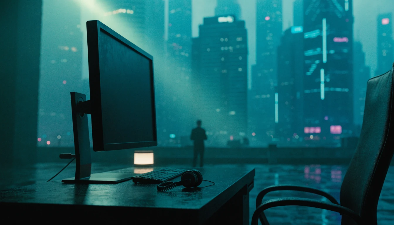 Leerer Monitor und Headset auf Schreibtisch bei Lampe.