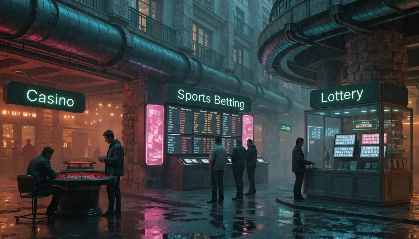 Galerie mit Roulette, Sporttabelle und Losverkauf.