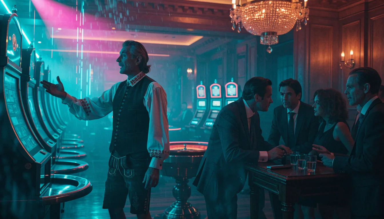 Eleganter österreichischer Casinosaal mit Roulettetisch und Slot‑Maschinen im Hintergrund